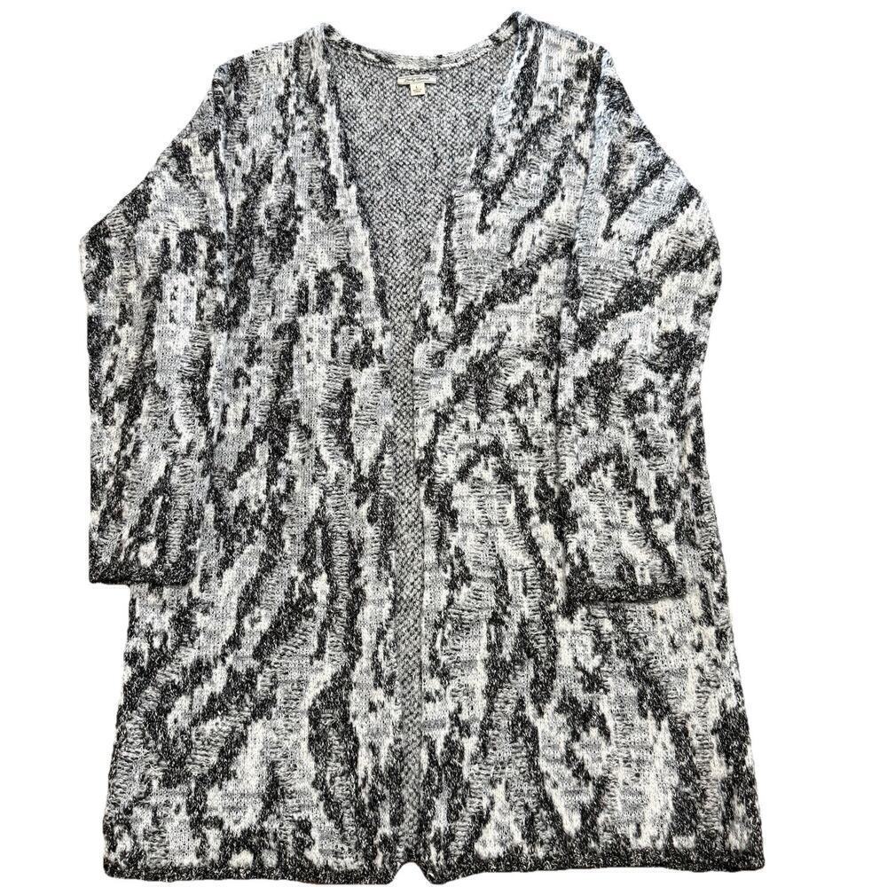 Lucky Brand Cardigan Sweater Womens Large Black White Animal Print Open Front